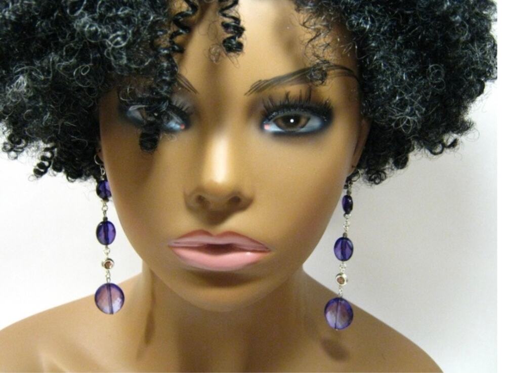 Handmade Crystal cut Purple Beaded Long Drop Earrings 3 inch